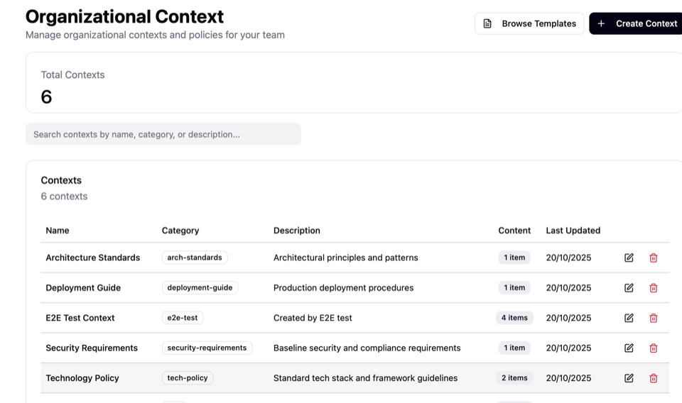 Context policy workspace showing technology guidance and approved actions.